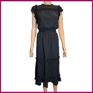 CeCe Black Midi Dress with Swiss Dot Texture